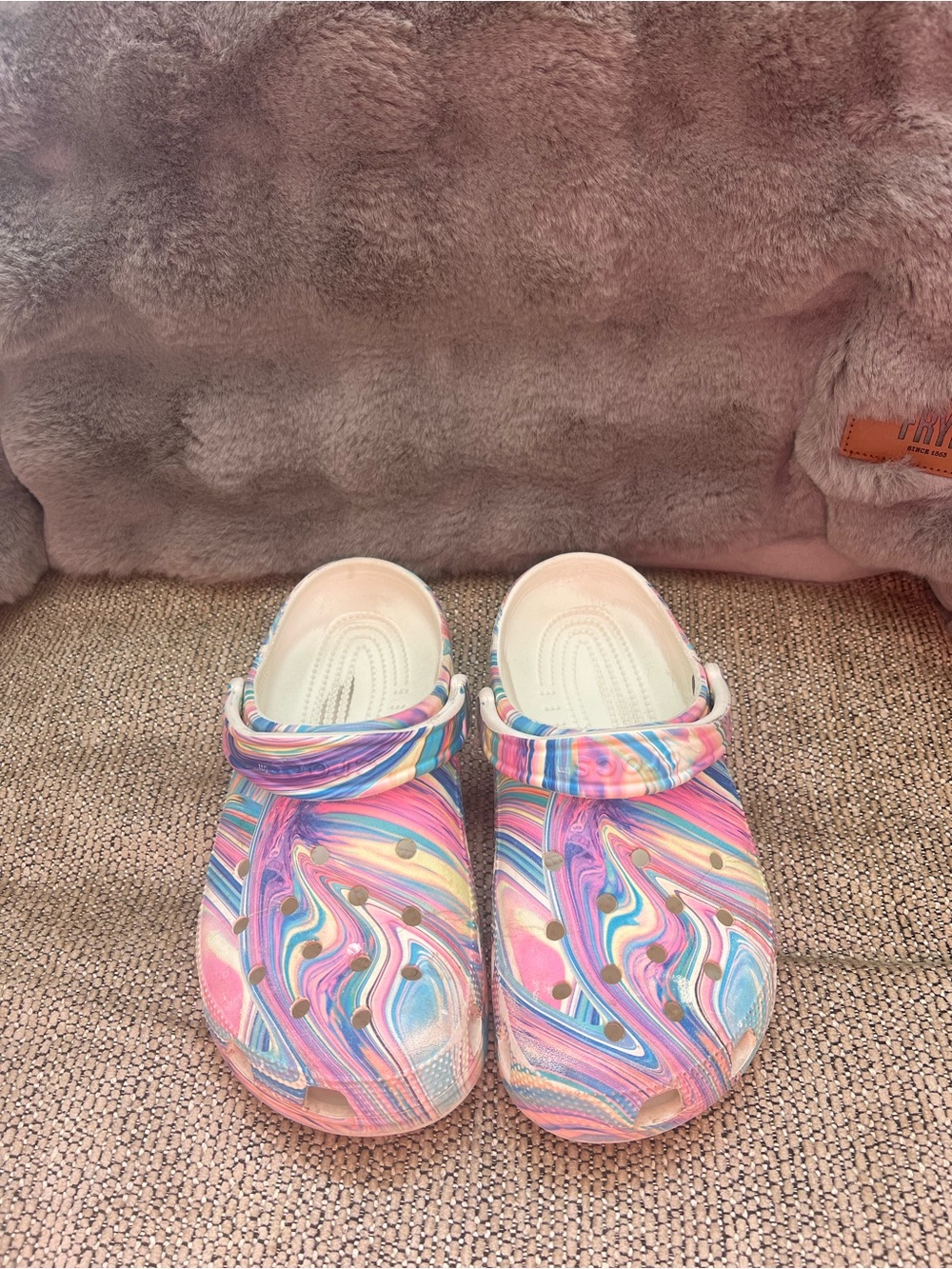 CROCS women’s  Marble-Print Classic Clogs in Pink, Blue, Purple
